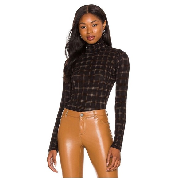 VINCE Hazy Black Windowpane Plaid Jersey Turtleneck Top Long Sleeve Sz XXS Pima - Picture 1 of 12